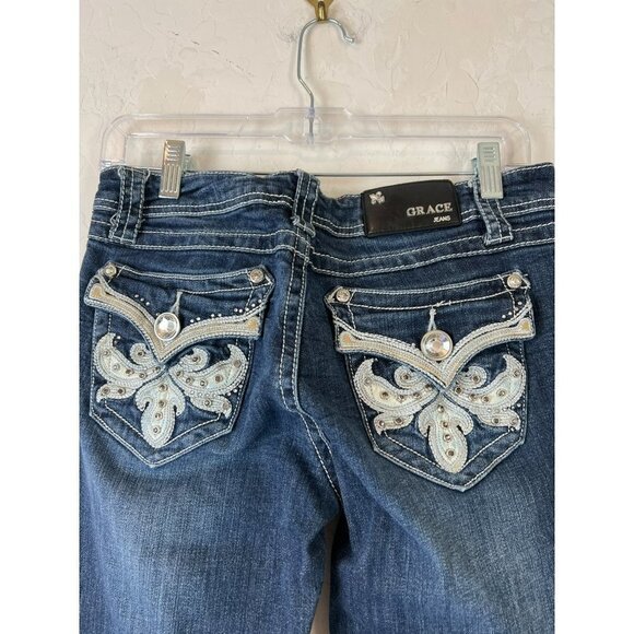 Grace in LA Jeans Sz 9/28 Flare 90s Y2K Low Rise Blinged Out Jeans Flap Pockets - Picture 5 of 9